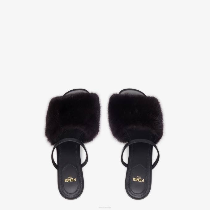 Women Mink Medium-Heel Sandals Black Fendi Shoes 6RHH1377