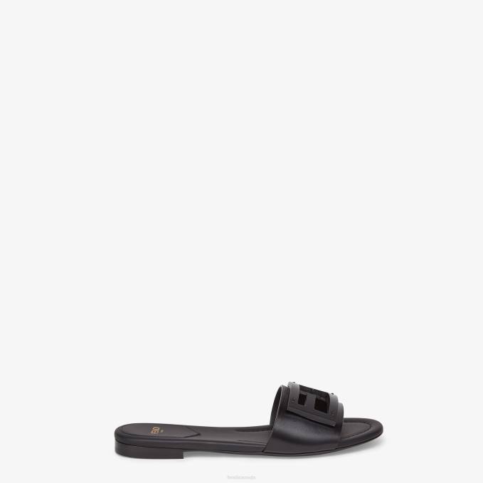 Women Baguette Leather Slides Black Fendi Shoes 6RHH1269