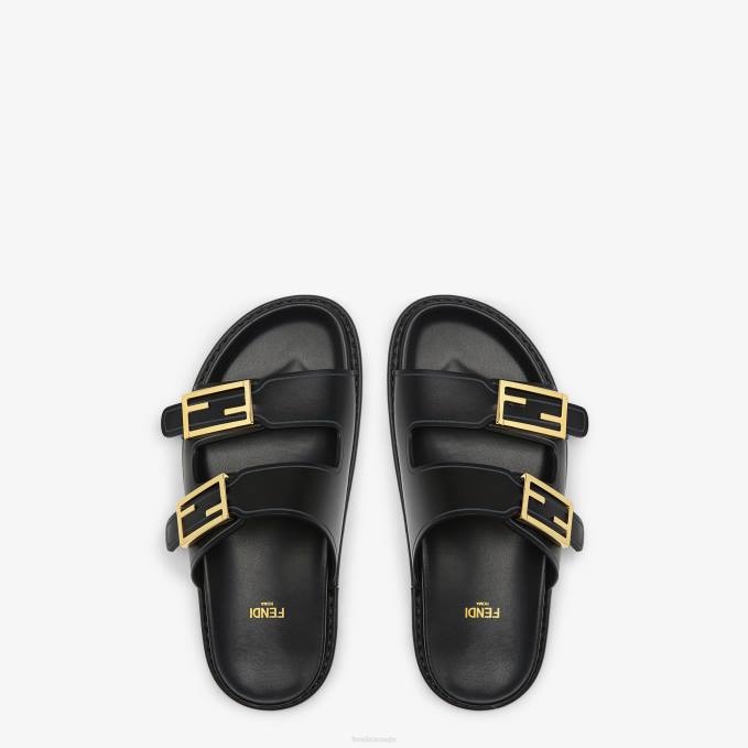 Women Feel Leather Slides Black Fendi Shoes 6RHH1315