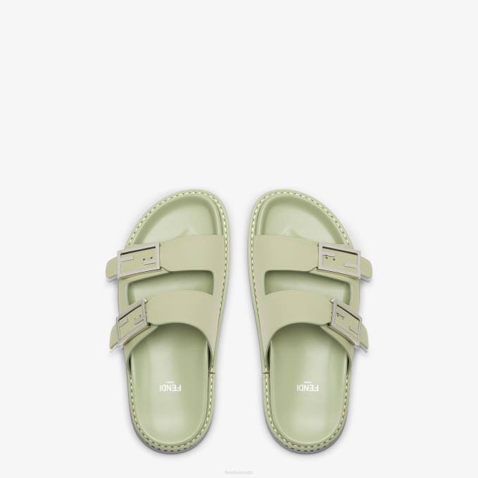 Women Feel Leather Slides Green Fendi Shoes 6RHH1303