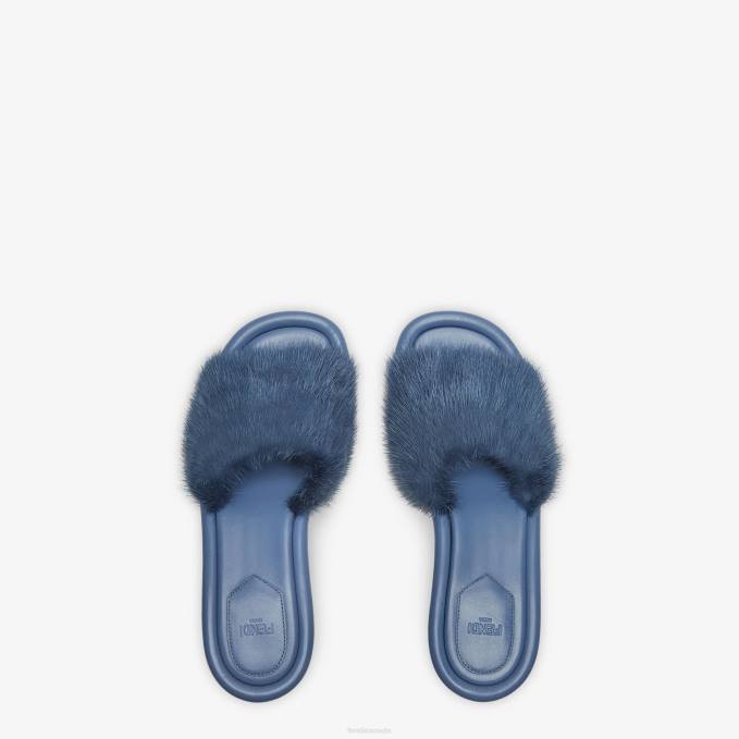 Women Mink Slides Blue Fendi Shoes 6RHH1321