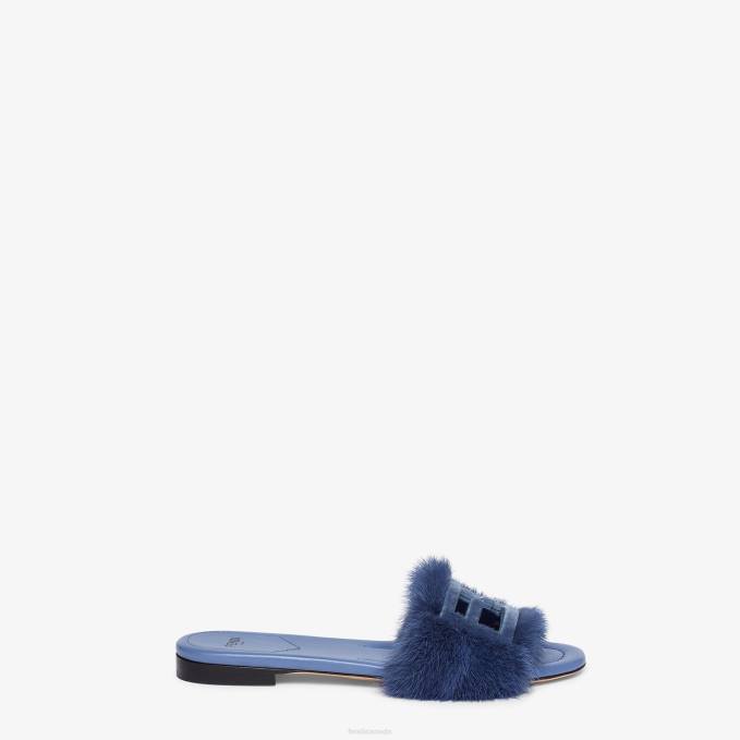 Women Mink Slides Blue Fendi Shoes 6RHH1331