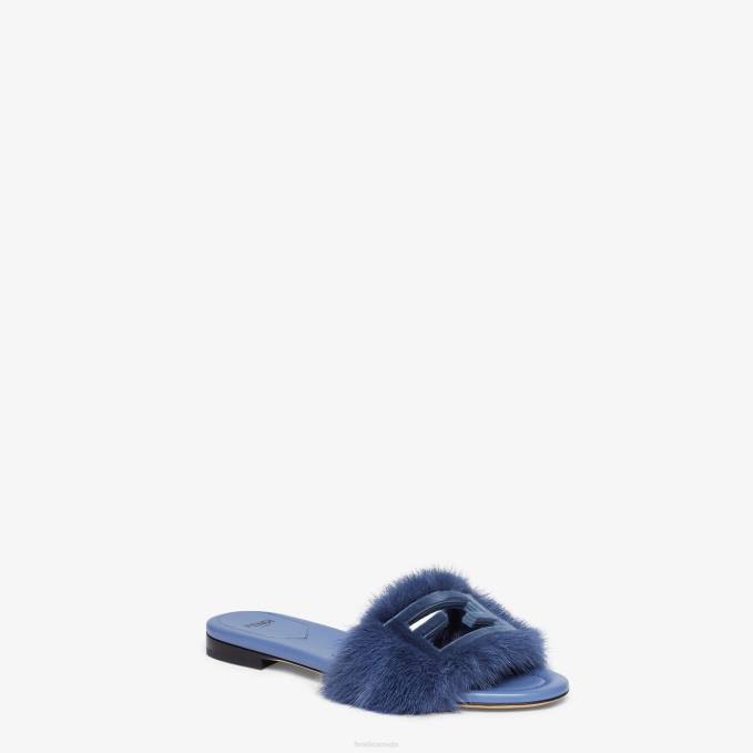 Women Mink Slides Blue Fendi Shoes 6RHH1331