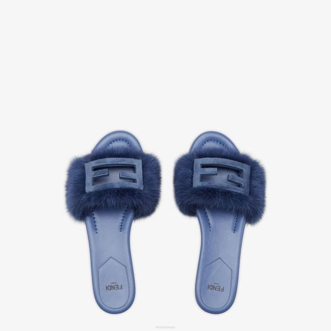 Women Mink Slides Blue Fendi Shoes 6RHH1331