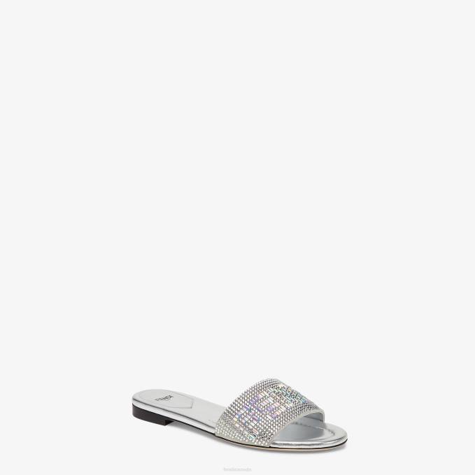 Women Signature Leather Slides Silver Fendi Shoes 6RHH1316