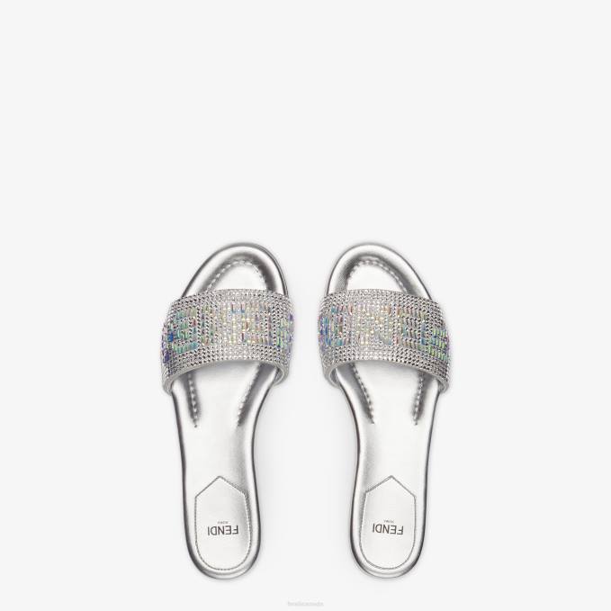 Women Signature Leather Slides Silver Fendi Shoes 6RHH1316