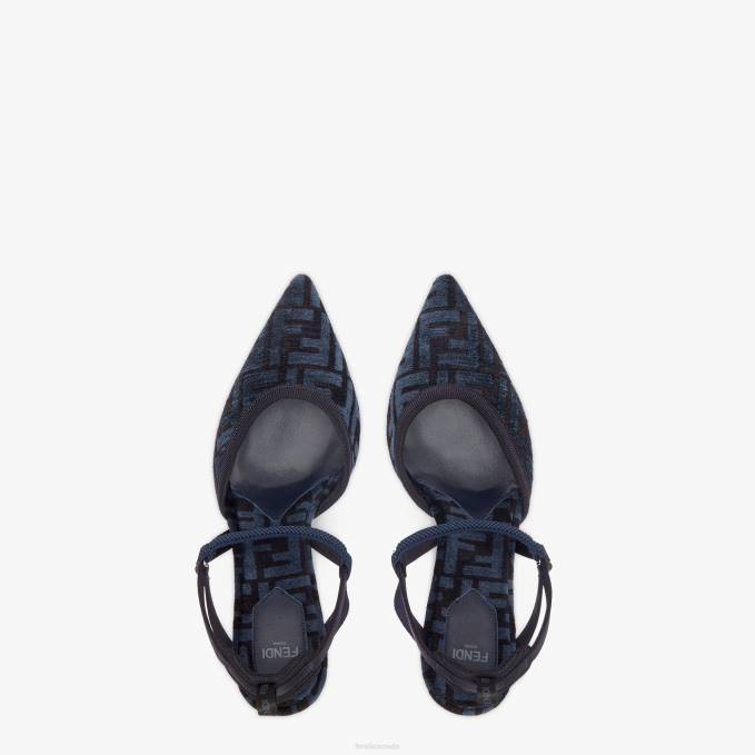 Women High-Heeled FF Chenille Slingbacks Blue Fendi Shoes 6RHH1348