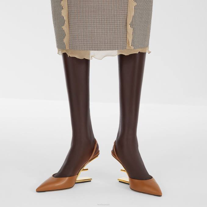 Women Leather High-Heeled Slingbacks Brown Fendi Shoes 6RHH1364