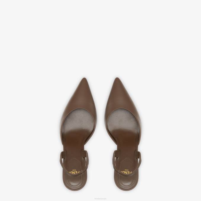 Women Leather High-Heeled Slingbacks Brown Fendi Shoes 6RHH1365