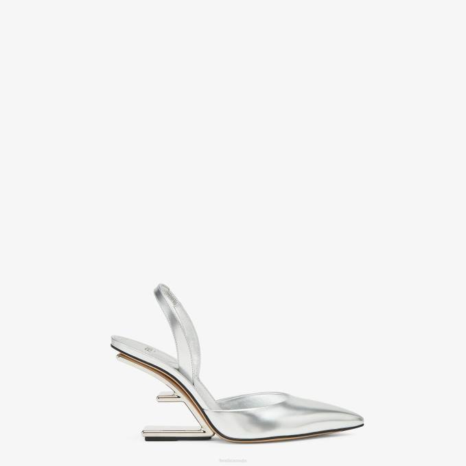 Women Leather High-Heeled Slingbacks Silver Fendi Shoes 6RHH1354