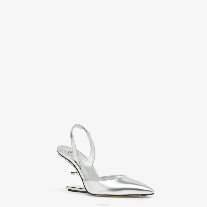 Women Leather High-Heeled Slingbacks Silver Fendi Shoes 6RHH1354