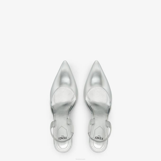 Women Leather High-Heeled Slingbacks Silver Fendi Shoes 6RHH1354