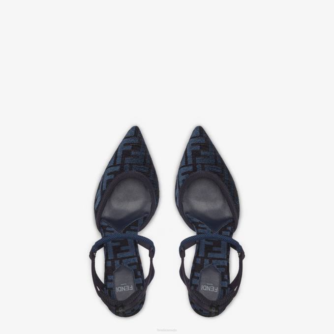 Women Medium-Heel FF Chenille Slingbacks Blue Fendi Shoes 6RHH1385