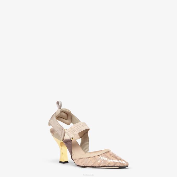 Women Mesh High-Heeled Slingbacks Black Fendi Shoes 6RHH1305