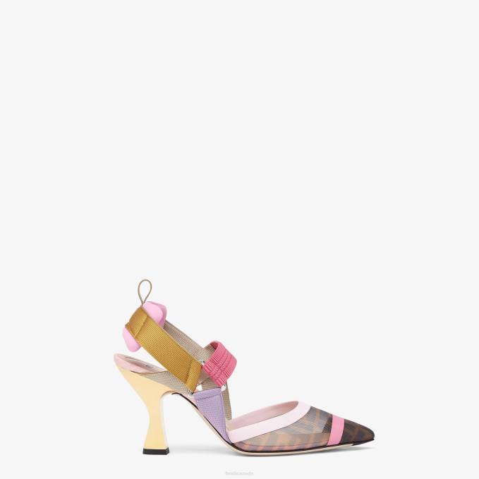 Women Mesh High-Heeled Slingbacks Brown Fendi Shoes 6RHH1392