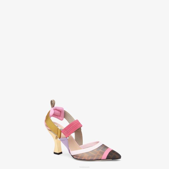 Women Mesh High-Heeled Slingbacks Brown Fendi Shoes 6RHH1392