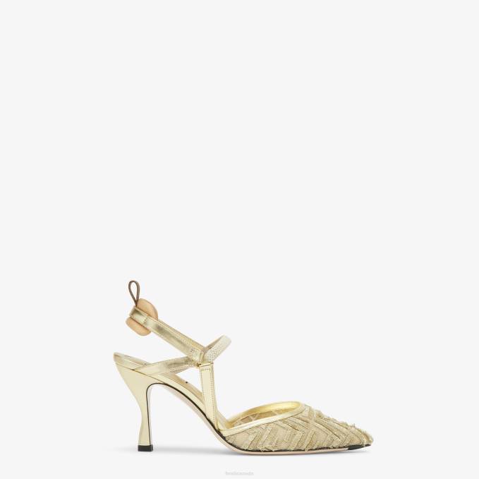 Women Mesh High-Heeled Slingbacks Gold Fendi Shoes 6RHH1346