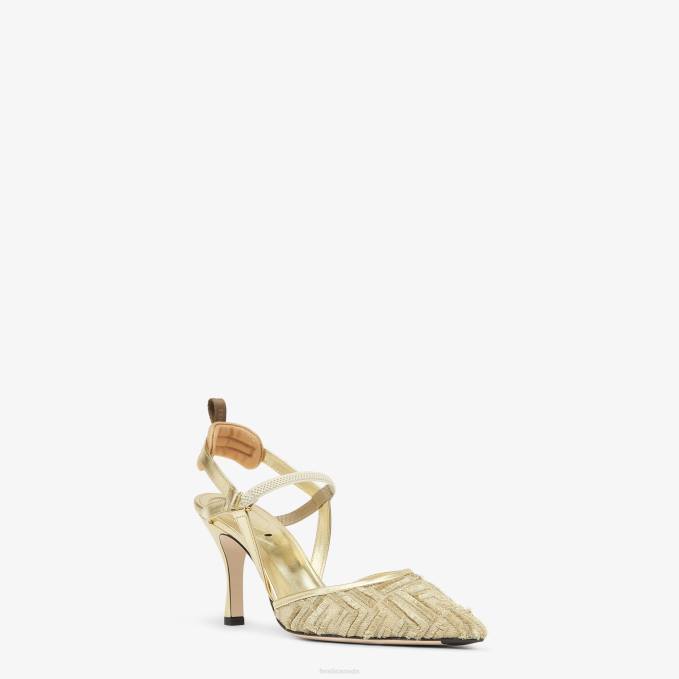 Women Mesh High-Heeled Slingbacks Gold Fendi Shoes 6RHH1346