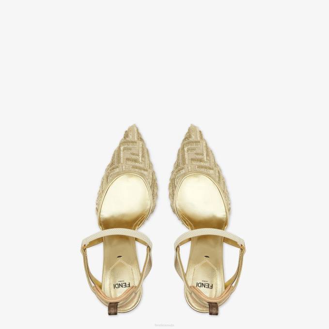 Women Mesh High-Heeled Slingbacks Gold Fendi Shoes 6RHH1346