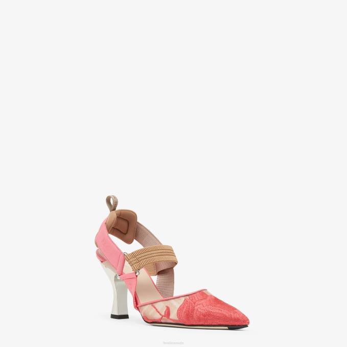 Women Mesh High-Heeled Slingbacks Pink Fendi Shoes 6RHH1323