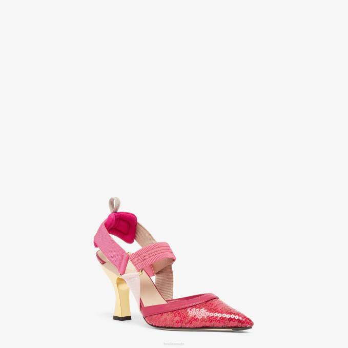 Women Mesh High-Heeled Slingbacks Pink Fendi Shoes 6RHH1403