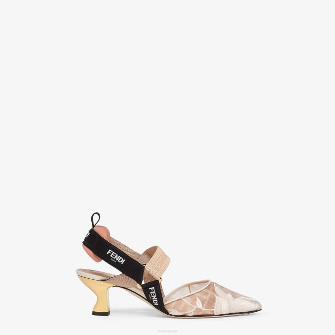 Women Mesh Medium-Heeled Slingbacks Pink Fendi Shoes 6RHH1349