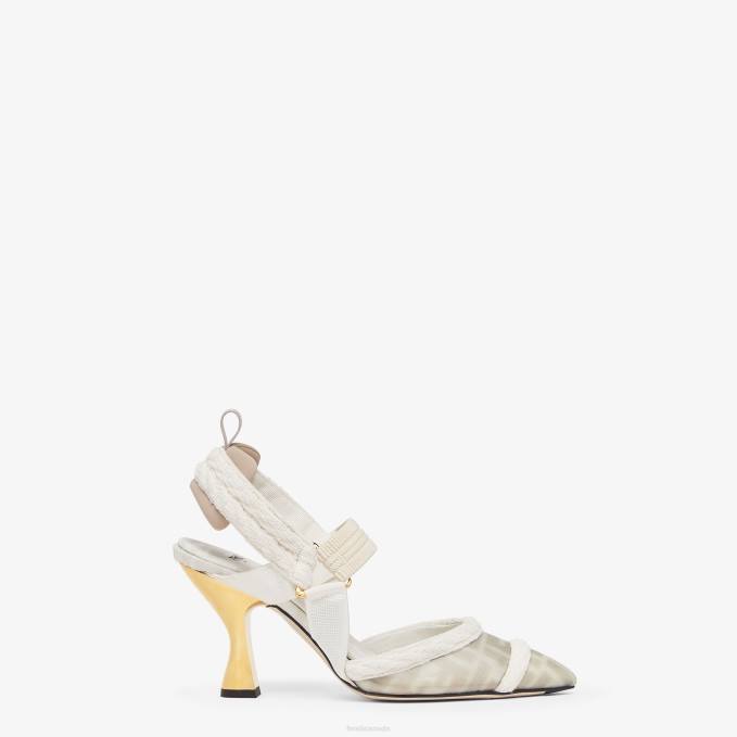 Women Mesh Medium-Heeled Slingbacks White Fendi Shoes 6RHH1313
