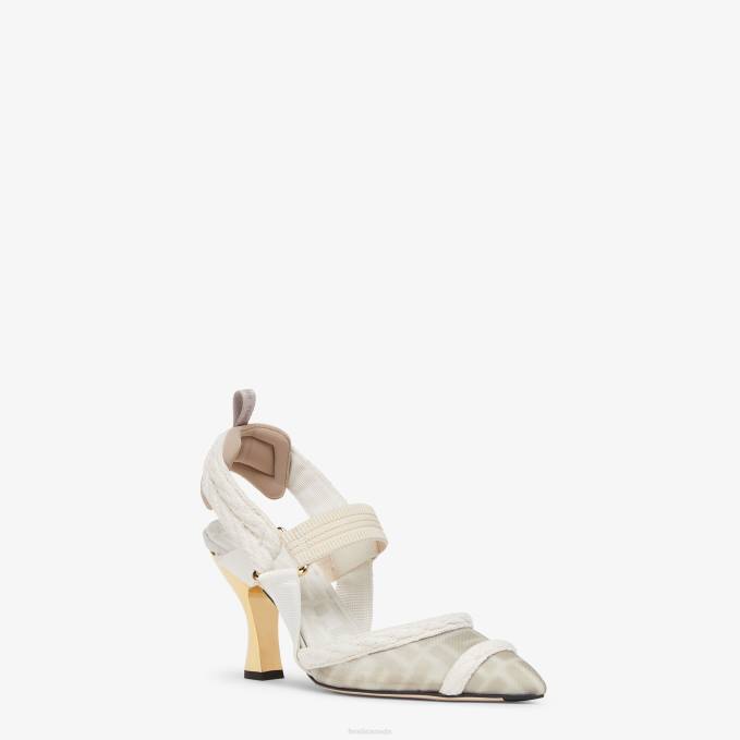 Women Mesh Medium-Heeled Slingbacks White Fendi Shoes 6RHH1313