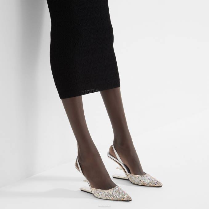 Women Rhinestone High-Heeled Slingbacks Silver Fendi Shoes 6RHH1317