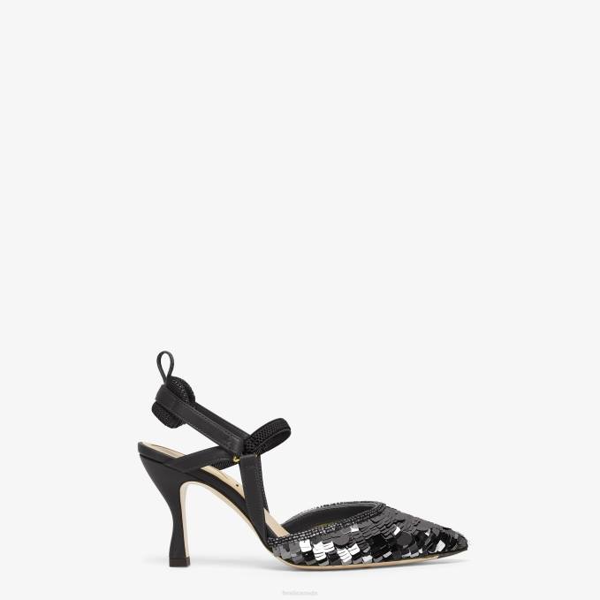 Women Sequin High-Heeled Slingbacks Black Fendi Shoes 6RHH1379
